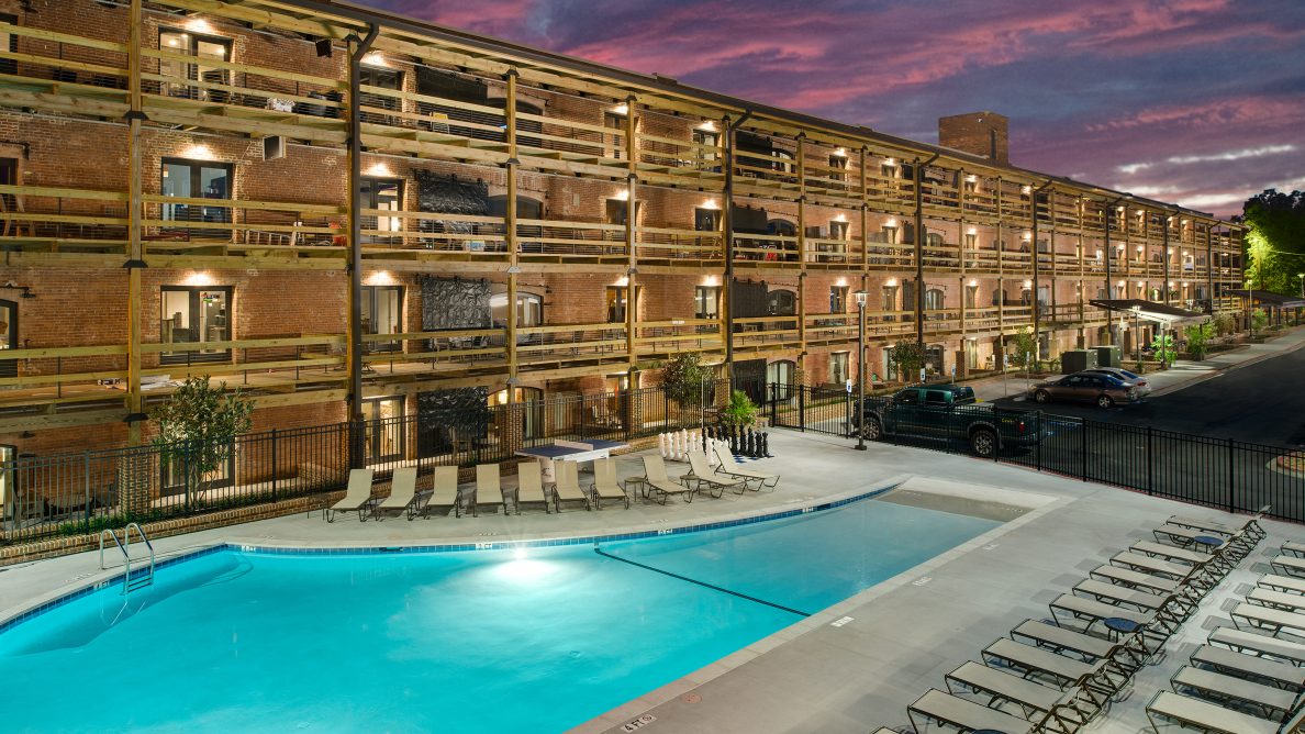 The resident pool at The Apartments at Palmetto Compress